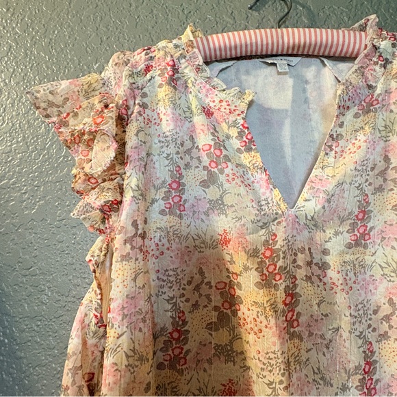 NWT Lucky Brand Floral V-Neck Short Sleeve Blouse Pink Cream Size Large - Picture 3 of 9